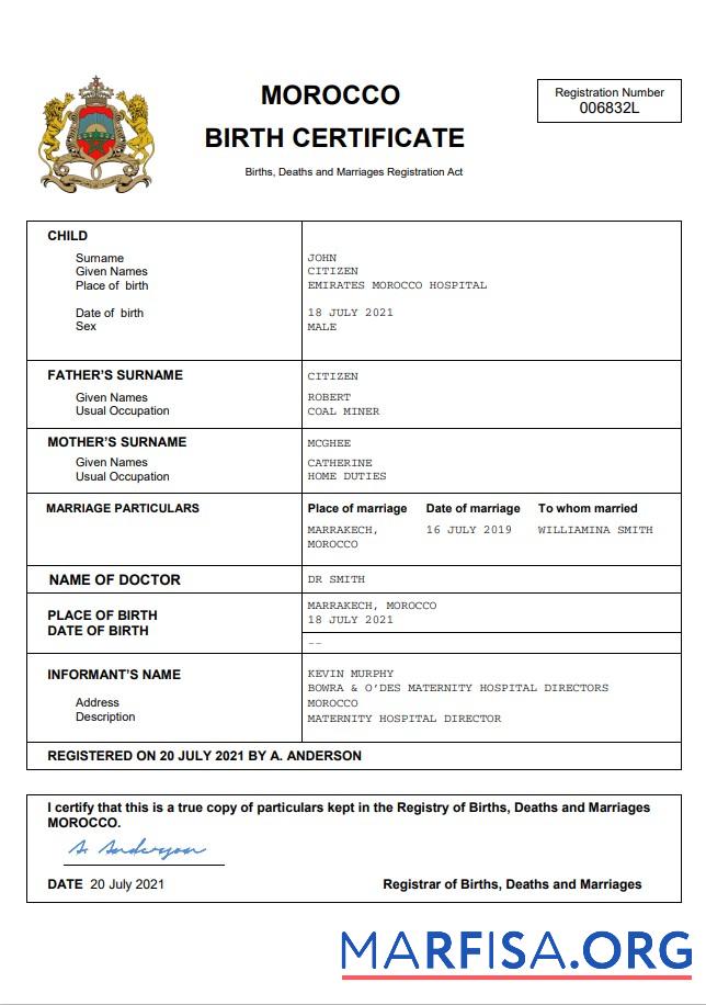 Blank Morocco vital record birth certificate Word and PDF template